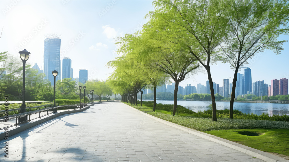 Fototapeta premium Serene Riverside Park with City Skyline
