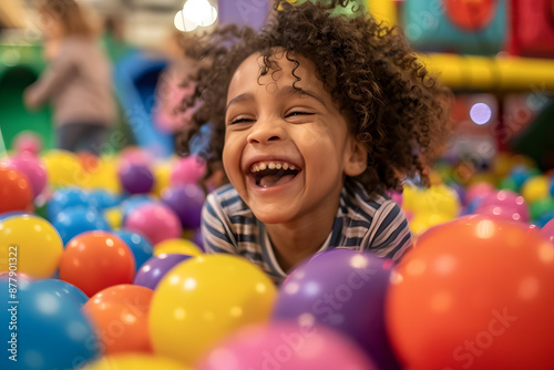 A young girl is playing in a ball pit, surrounded by a colorful array of balls