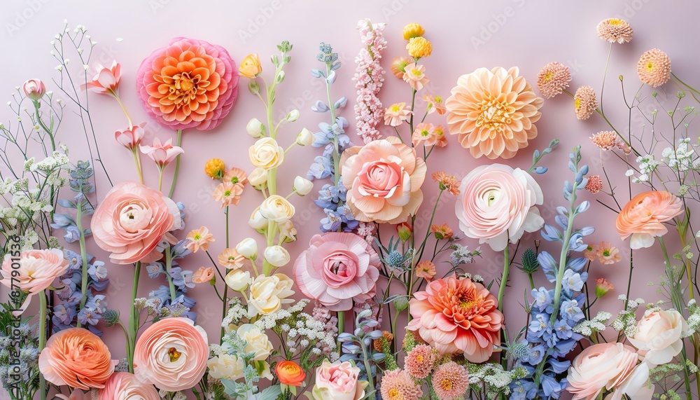 Pastel color bouquet, creative flower layout, flat lay design, various flowers arrangement, delicate and stunning, highquality image, floral artistry Pastel color bouquet, creative flower layout, flat lay design, various flowers arrangement, delicate and stunning, highquality image, floral artistry