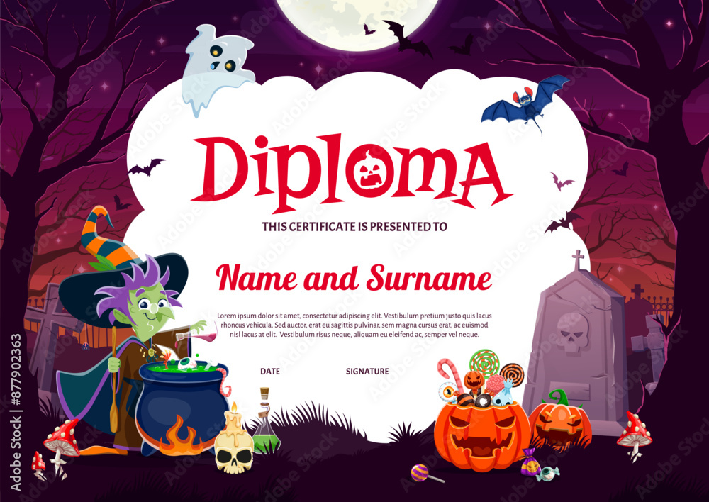 Halloween kids diploma with cartoon witch, sweets bucket, funny ghost