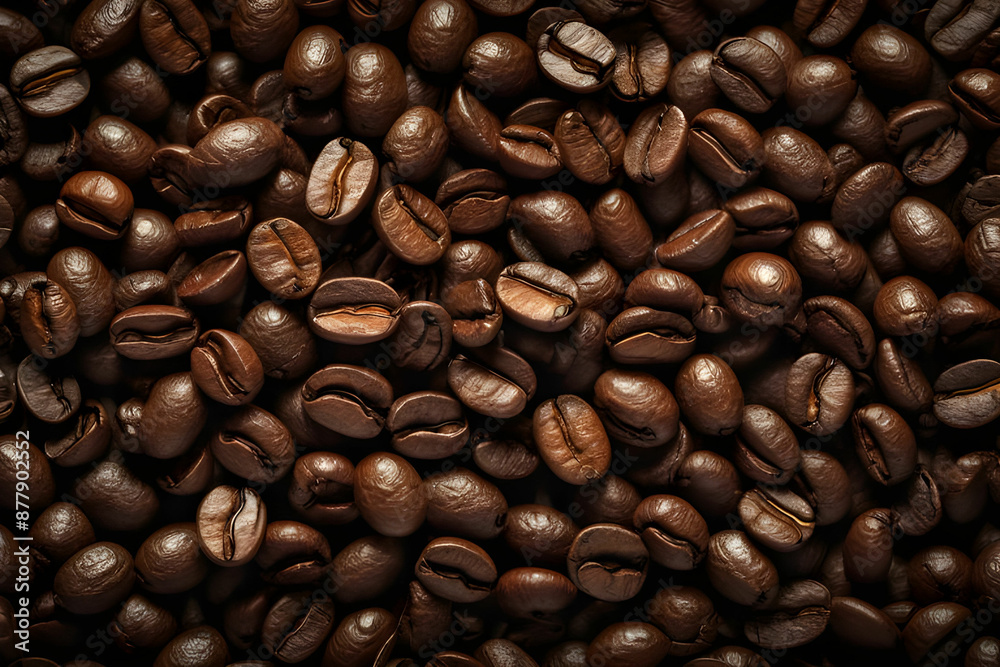 Fototapeta premium Brown Roasted Coffee Beans Closeup On Dark Background