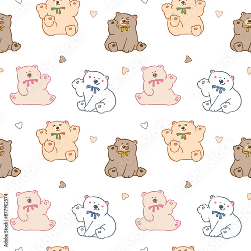Seamless Pattern with Cute Cartoon Bear and Heart Design on White Background