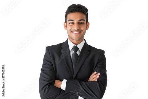 Confident Young Businessman in Black Suit Smiling with Arms Crossed transparent background
