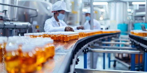 Advanced Bottling Technology Revolutionizes Drink Production in Modern Factories | Conveyor belt with bottles for juice or water at a modern beverage plant photo