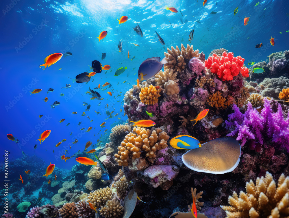 Naklejka premium Vibrant Underwater Coral Reef with Tropical Fish