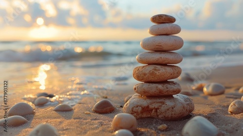 Harmonious Rock Balancing Art on Beach, Tranquil Zen Concept of Balance and Harmony in Nature photo