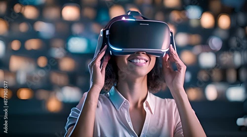 A close up of woman using virtual reality glasses photo