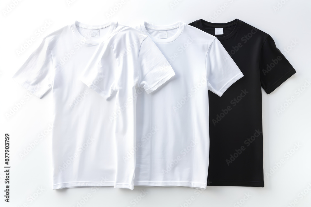Trio of Black and White T-Shirts on White Surface Trio of Black and White T-Shirts on White Surface