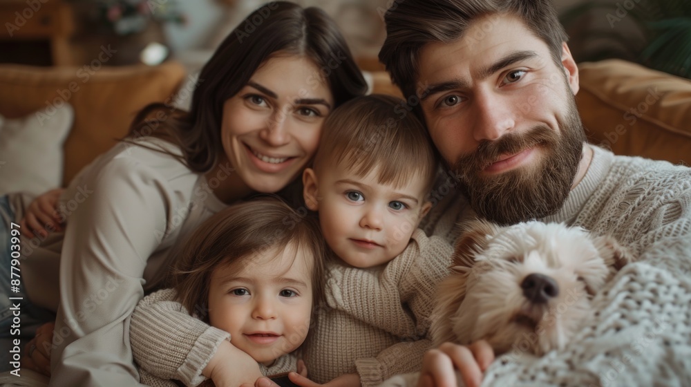 A happy family posing together with their pet dog A happy family posing together with their pet dog