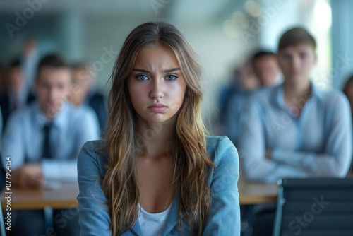 young woman looking unhappy sitting in front of managers in an office for an interview.