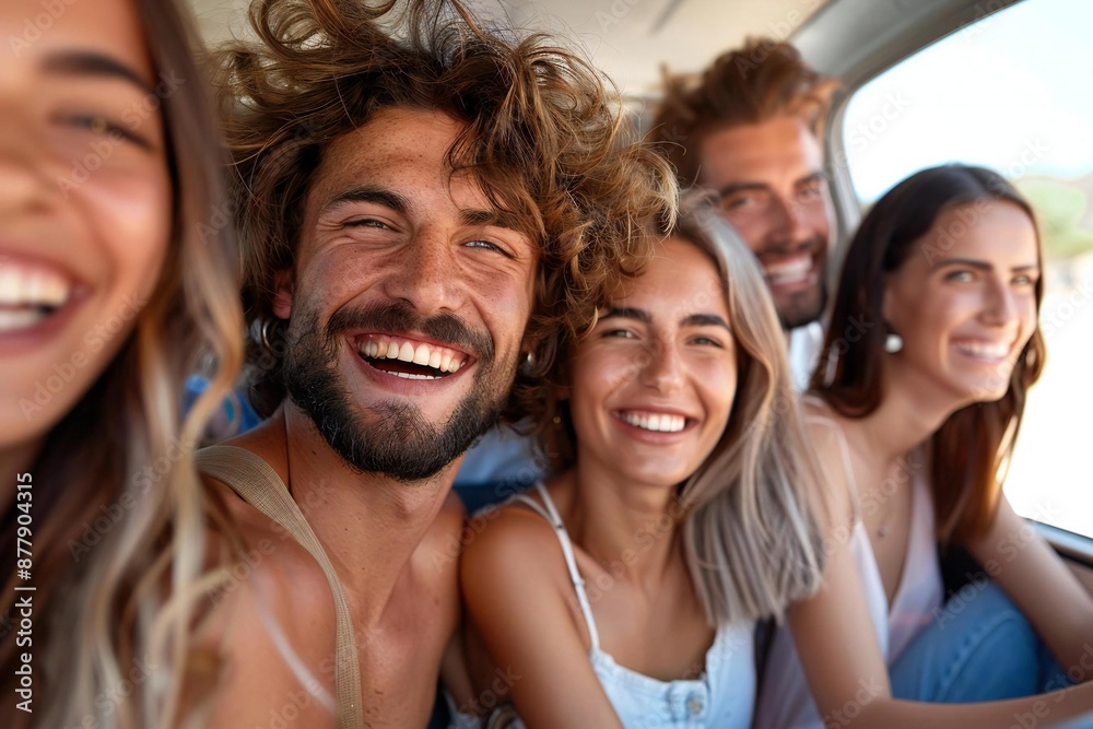 Fototapeta premium group of diverse friends smiling and laughing while sitting inside a car during a road trip.