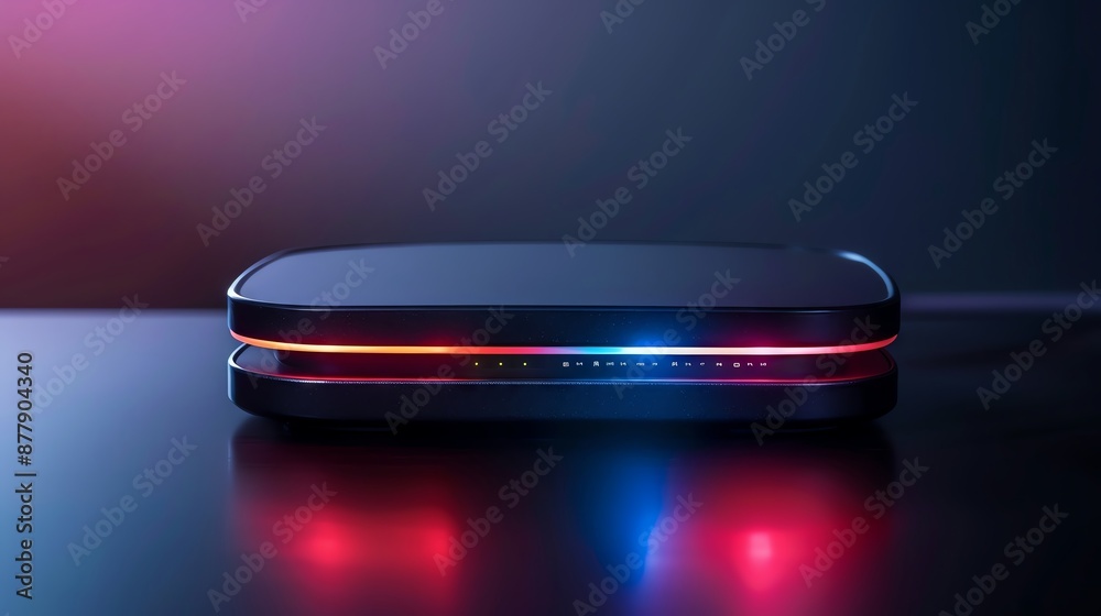 A futuristic device with red and blue lights glowing on a dark reflective surface. A futuristic device with red and blue lights glowing on a dark reflective surface.