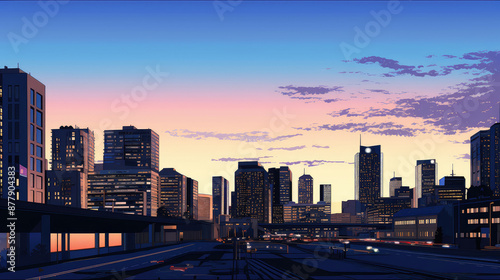 Dusk Cityscape Silhouette with Vibrant Sky