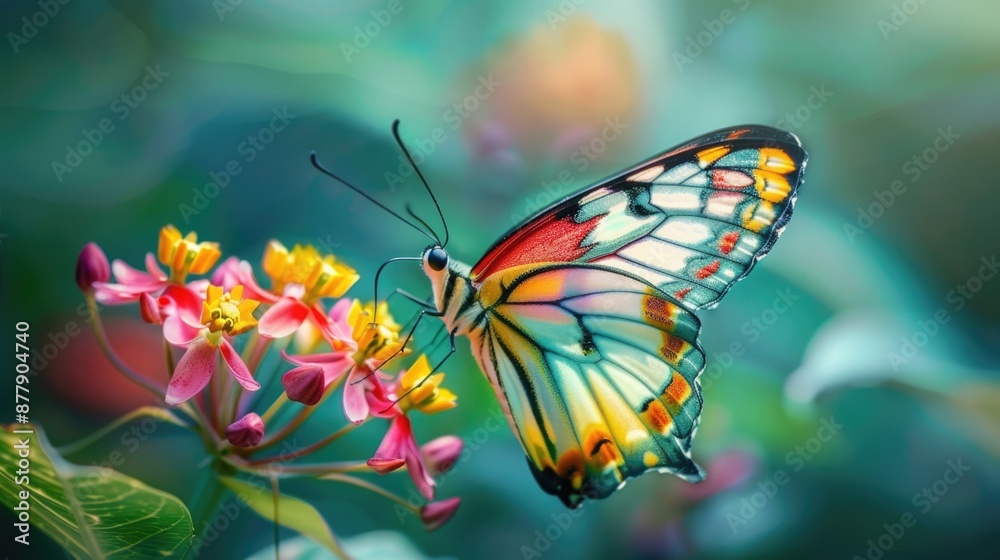 Vivid Close-up of a Colorful Butterfly Resting on a Delicate Flower Petal in a Garden Setting