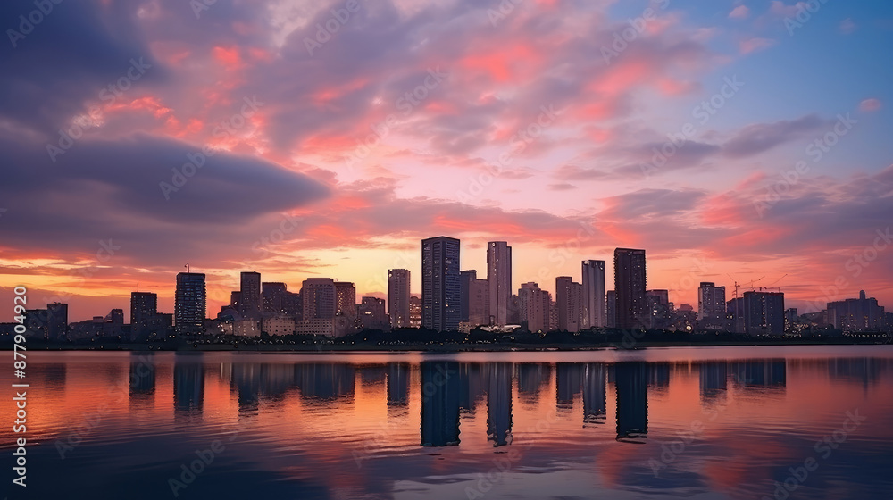 Obraz premium Majestic Sunset over Tranquil City Skyline
