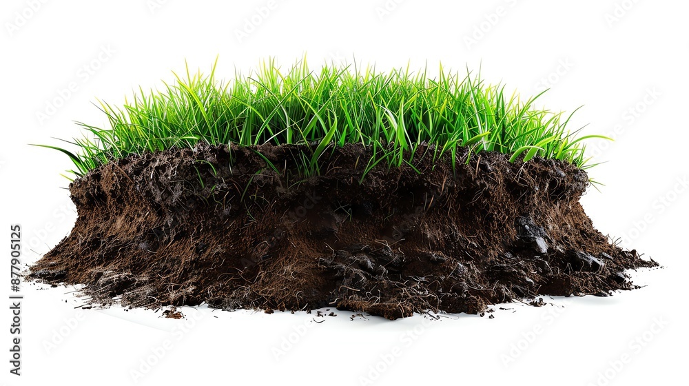 Fototapeta premium A small patch of green grass with visible soil roots isolated on a white background.