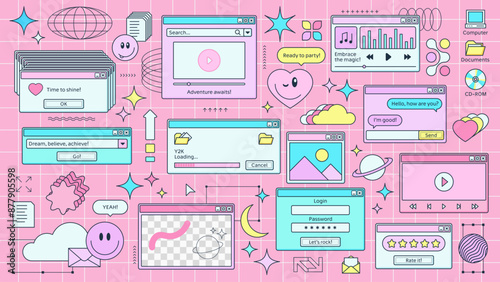 Y2k retro browser window page with computer icons at pink grid background. Vector set of pop-up windows and screens with playful messages and nostalgic elements like stars, hearts and smile faces