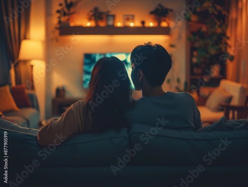 Happy loving Couple holding wine glasses on the sofa,Evening cozy watching a movie or TV series in the living room at home,romantic spending time together,Relaxation concept.