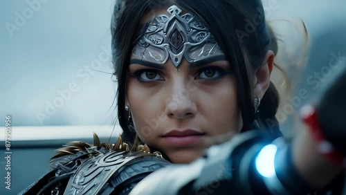 Close-up of a Calm Female Warrior with Braided Hair and Metal Headpiece