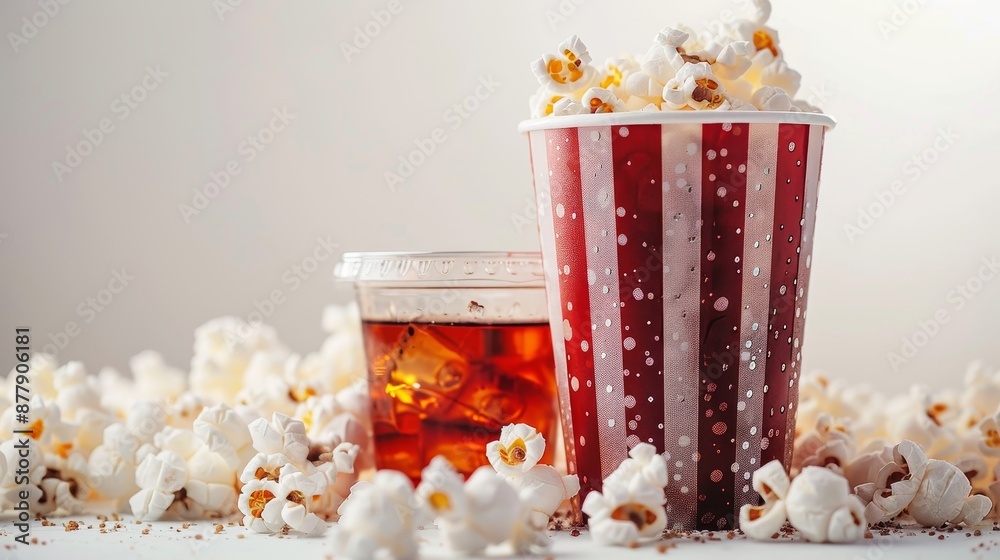 Buckets with tasty popcorn and cola in take away cup on color background in studio,movie time,cinema and series concept,enjoytime,copy space. Buckets with tasty popcorn and cola in take away cup on color background in studio,movie time,cinema and series concept,enjoytime,copy space.