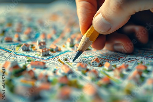 close-up photo of a human hand holding a pencil over a paper cadastre map, with details of urban development and town construction.