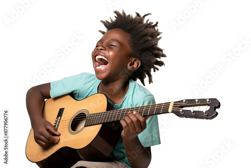 Joyful young boy playing guitar with enthusiastic expression, transparent PNG illustration, ideal for music and children's themes, high-quality graphic for digital and print design projects photo