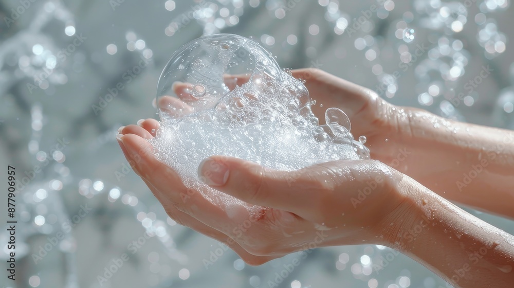 Fototapeta premium White soap bubbles in soft hands,Hands facing up and down with foam on both hands,Soap hands in the foam beauty health,enjoying home spa procedure, selective focus.