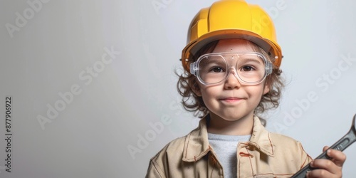 A kid in hard hat and glasses, holding a wrench, dressed in plaid shirt and overalls, on teal background AIG59 photo