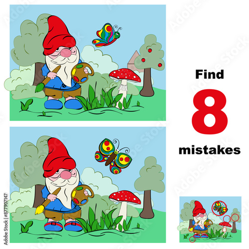 Vector illustration of dwarf, amanita mushroom and butterfly as task find a 8 difference for children elementary age. 