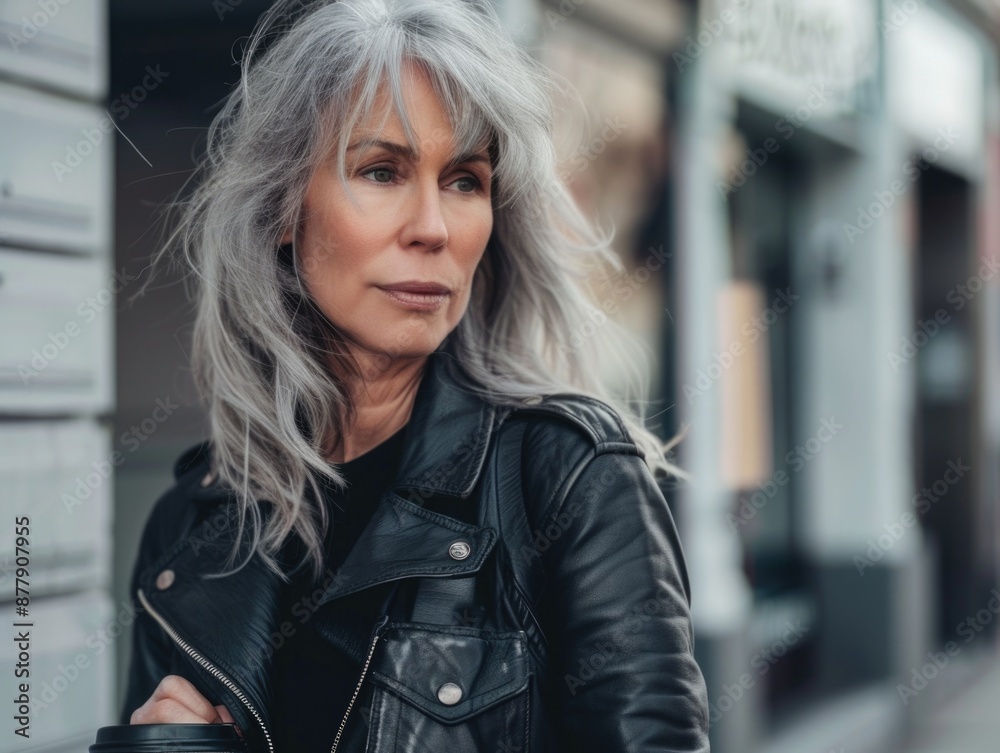 A woman wearing a leather jacket and gray hair, possibly a motorcycle enthusiast or biker A woman wearing a leather jacket and gray hair, possibly a motorcycle enthusiast or biker