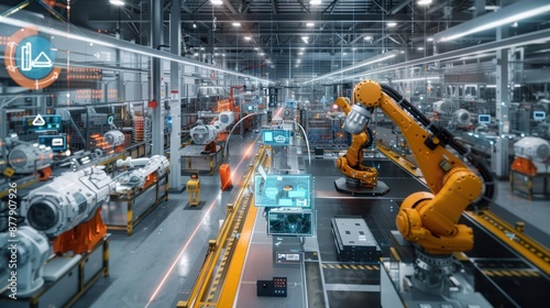 A panoramic view of an advanced digital manufacturing plant with IoT-enabled machinery, robotic arms, and real-time production monitoring systems, highlighting the future of industrial technology.