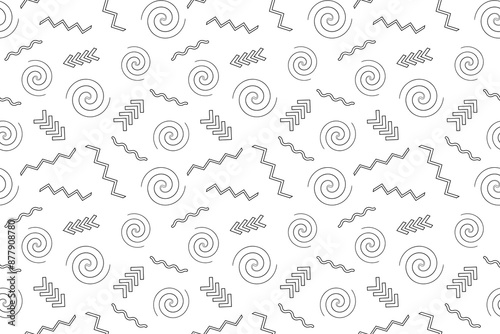 Seamless Memphis style retro pattern with geometric shapes and lines. Perfect for coloring pages and creative projects.