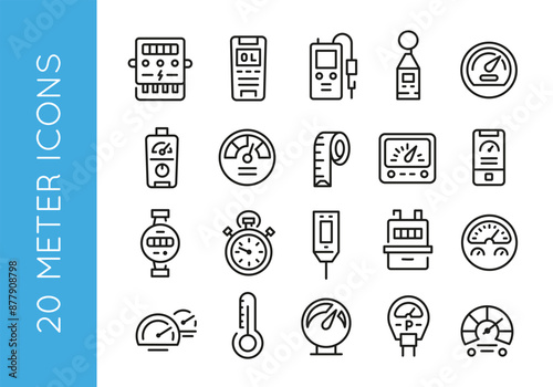 Meter icons. Set of 20 meter trendy minimal icons. Example: digital meter, analog meter, tape measure, thermometer icon. Design signs for web page, mobile app, packaging design. Vector illustration