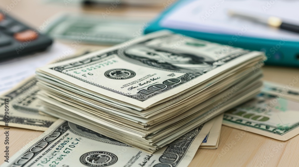 A stack of crisp, new dollar bills neatly arranged on a desk, with a calculator and financial documents nearby A stack of crisp, new dollar bills neatly arranged on a desk, with a calculator and financial documents nearby