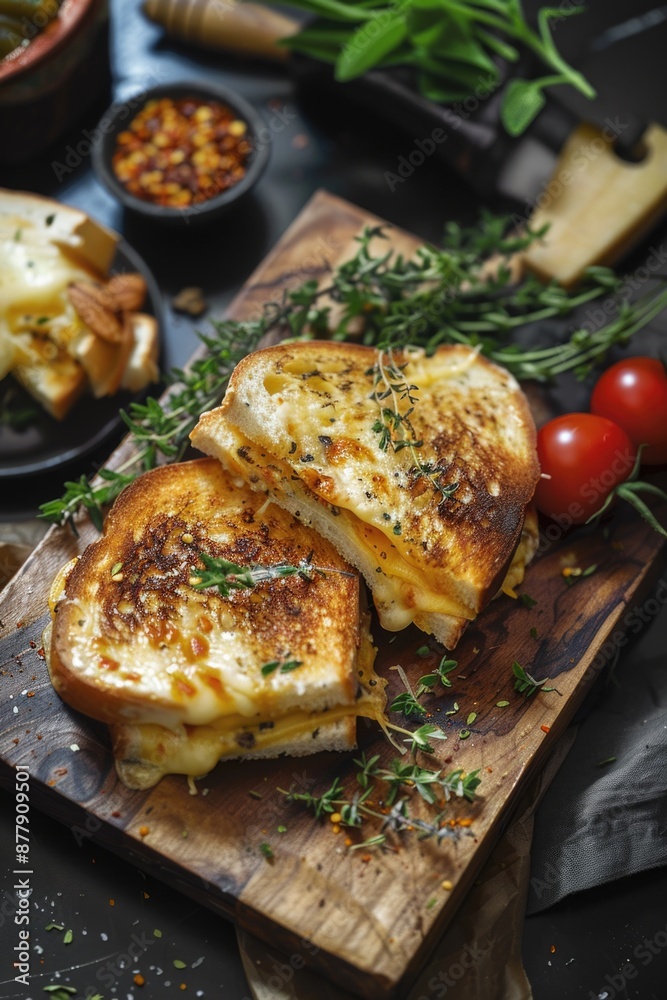 A simple, rustic table setting featuring two grilled cheese sandwiches served on a wooden cutting board A simple, rustic table setting featuring two grilled cheese sandwiches served on a wooden cutting board