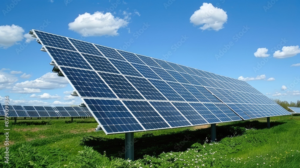 Solar Panels in a Green Field with Blue Sky Solar Panels in a Green Field with Blue Sky