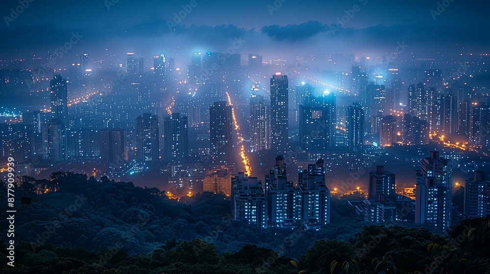 Obraz premium Light pollution from an urban area at night, with bright city lights obscuring the stars, high-rise buildings in view.