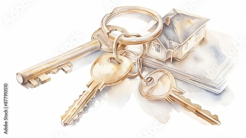 watercolor illustration of house keys and contracts in a real estate market theme, flat design, isolated white background