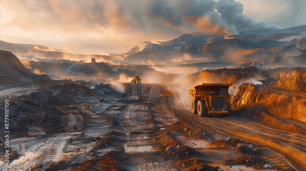 Air pollution in a coal mining area, with dusty air, mining equipment, and barren land. Air pollution in a coal mining area, with dusty air, mining equipment, and barren land.