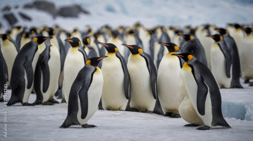 Fototapeta premium A group of emperor penguins huddle together on the icy Antarctic beech