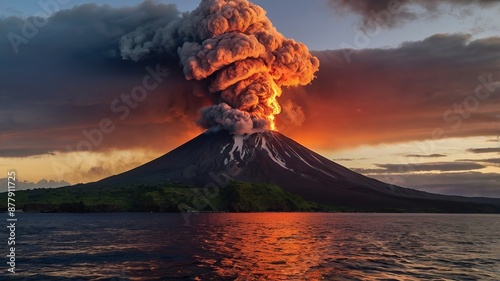 A volcanic mountain peak pierces clouds, smoke billowing from its crater at sunset