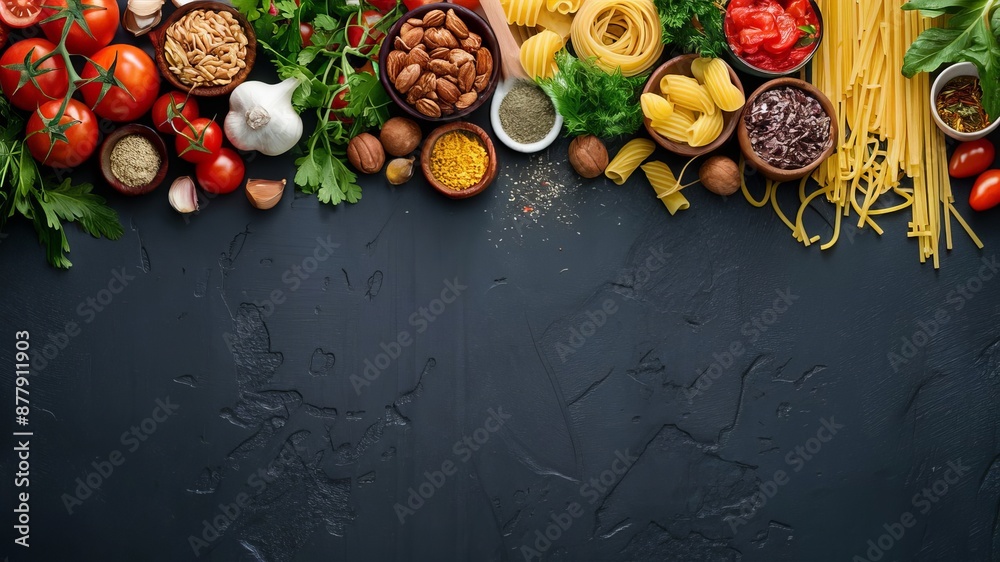 Brightly colored fresh vegetables such as red tomatoes and green peppers sit against a blackened background. Ready for a healthy meal? Brightly colored fresh vegetables such as red tomatoes and green peppers sit against a blackened background. Ready for a healthy meal?