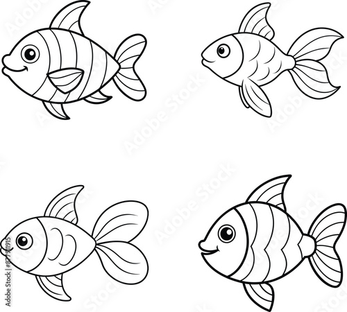A set of black and white fish drawing outline