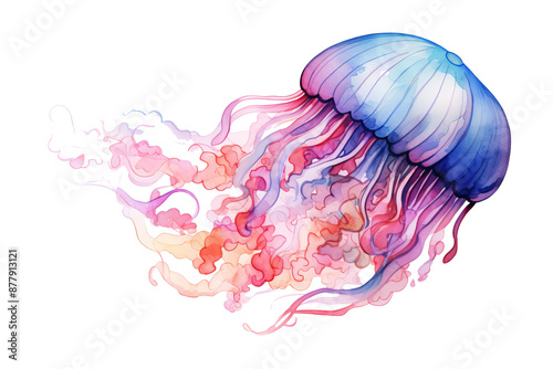 Vibrant jellyfish watercolor illustration isolated on transparent background, detailed PNG style art for creative marine life designs and ocean-themed projects photo