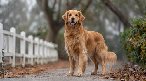 A majestic Golden Retriever standing on a paved driveway next to a white fence, looking alert and friendly. Suitable for themes of pets, outdoor environments, and loyal companions.