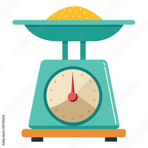 A kitchen scale is used for measuring flour. against a white backdrop