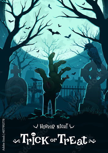 Zombie hand on Halloween cemetery, horror movie and trick or treat poster. Vector chilling background, creepy corpse arm with decaying flesh and eerie nails emerge from the earth at supernatural night