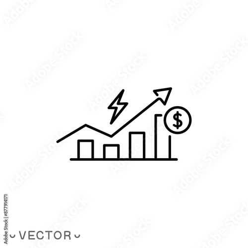 cost electricity icon, price or tariff electric energy, thin line symbol isolated on white background, editable stroke eps 10 vector illustration