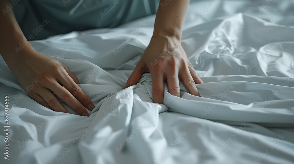 Changing Bed Sheets: Hands spreading fresh sheets over a mattress, making the bed.
Changing Bed Sheets: Hands spreading fresh sheets over a mattress, making the bed.