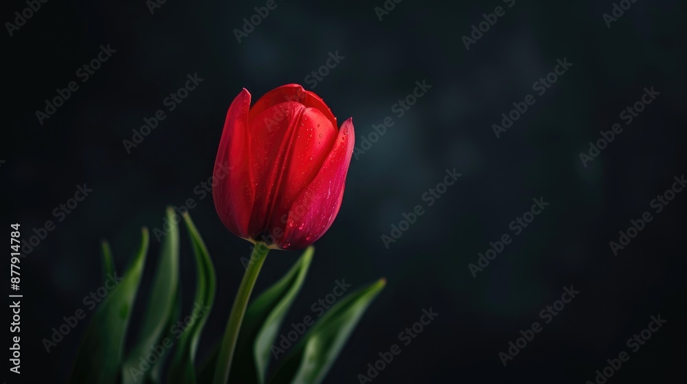 Red tulip against dark backdrop with space and focus Red tulip against dark backdrop with space and focus